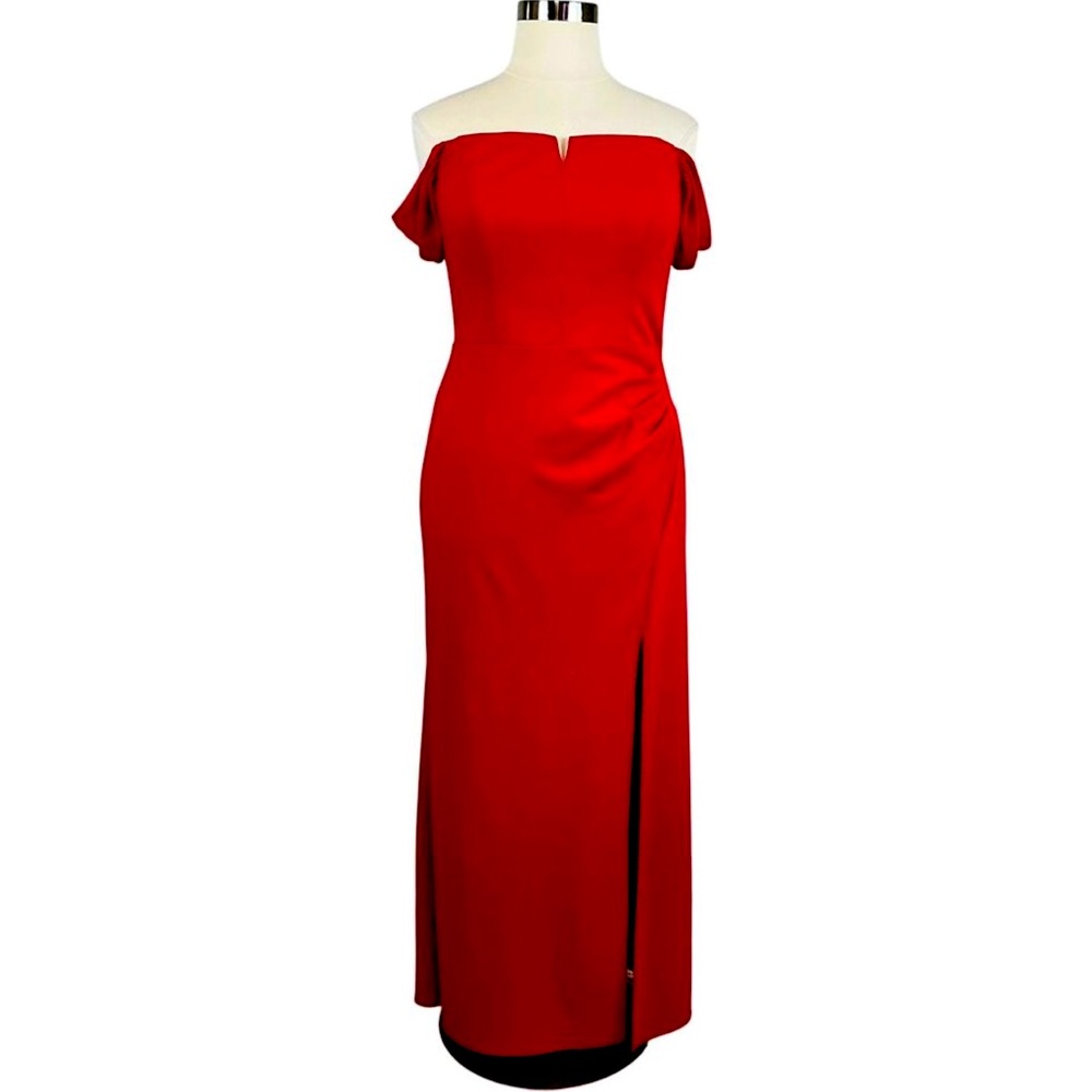 Alex & Eve Women's Formal Dress Size 16 Red Off the Shoulder Thigh Slit Gown